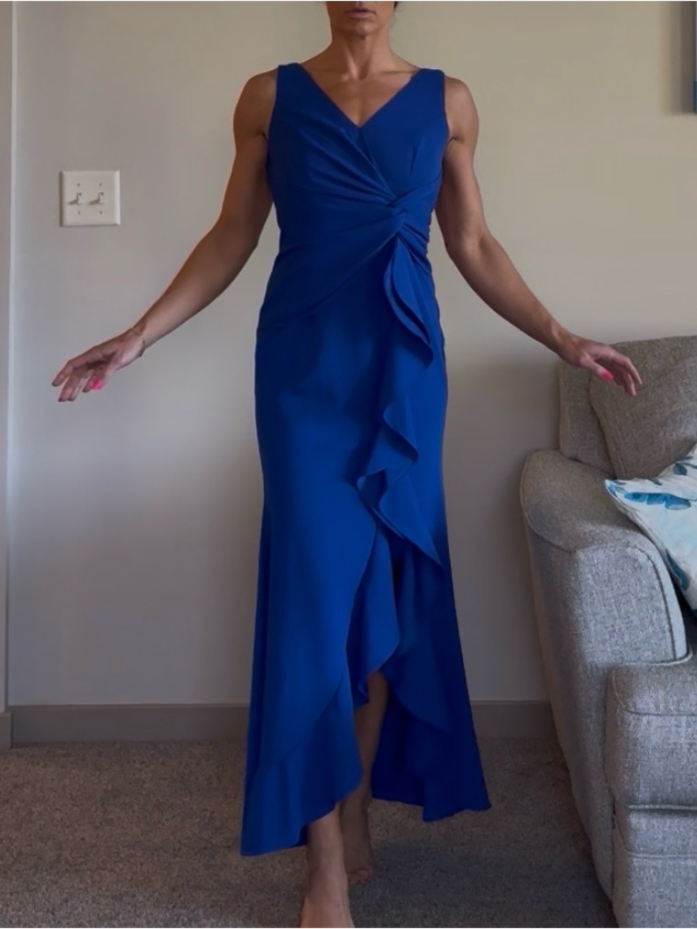 Elegant Royal Blue V-Neck Ruffle Maxi Dress
